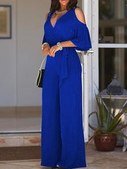 Black Jumpsuit for Women Lace up V Neck Ordinary Street Regular Fit Long Sleeve Wine Royal Blue S M L Fall