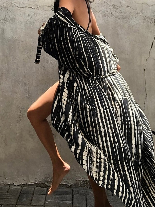 Beach Dress Beach Wear Long Dress Maxi Dress Lace up Basic Casual Tie Dye Open Front 3/4 Length Sleeve Loose Fit Outdoor Daily Black White  Summer Spring One Size for Women