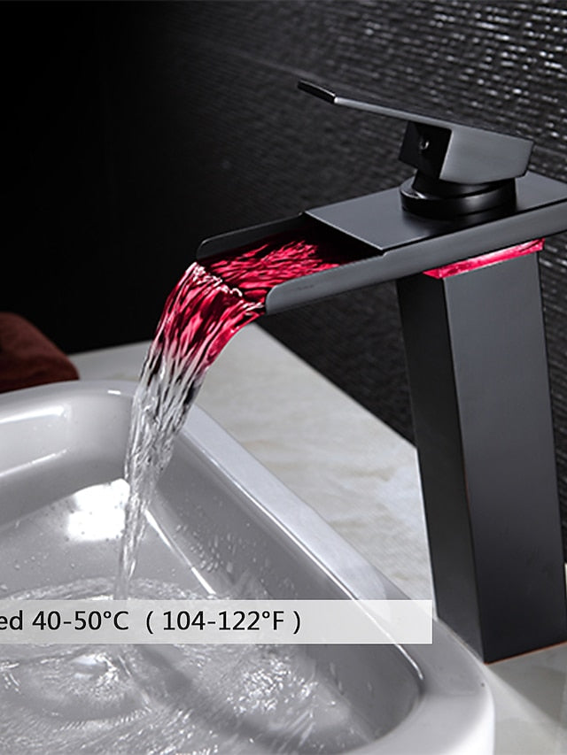 Bathroom Vessel Faucet Tall LED Waterfall Spout 3 Color Changes with Temperature, Sink Mixer Mono Basin Taps, Single Handle One Hole Brass Washroom Vessel Tap Deck Mounted