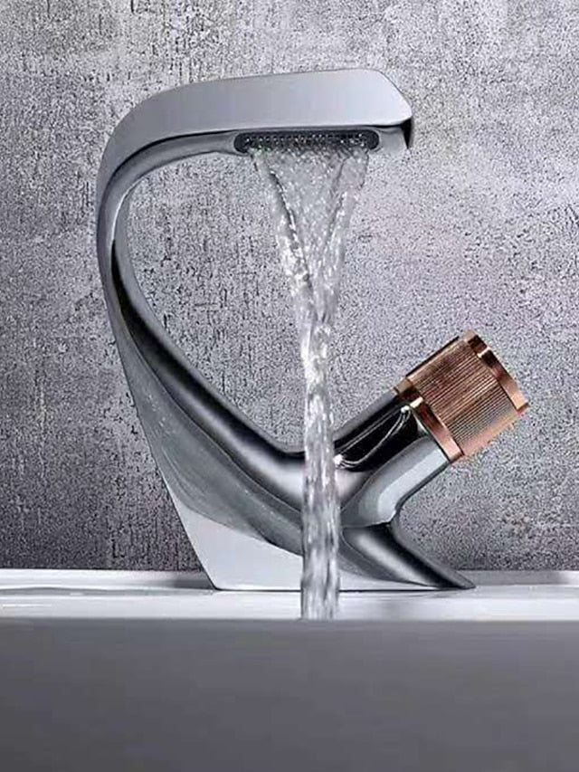 Bathroom Sink Faucet, Brass Waterfall Mixer Basin Taps Chrome Finish Single Handle One Hole Bath Tap with Hot and Cold Hose