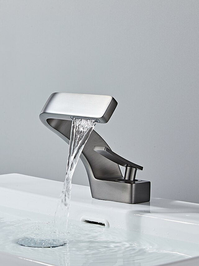 Bathroom Sink Faucet Single Handle One Hole Waterfall Mixer Basin Taps Brass, 7-shaped Bend Vessel Tap Chrome Brushed Nickel Black Gold