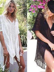 Beach Bikini Cover Up Blouse Loose Knitted Hollow Crochet Coat Summer Sunscreen Swimsuit Outside for Women