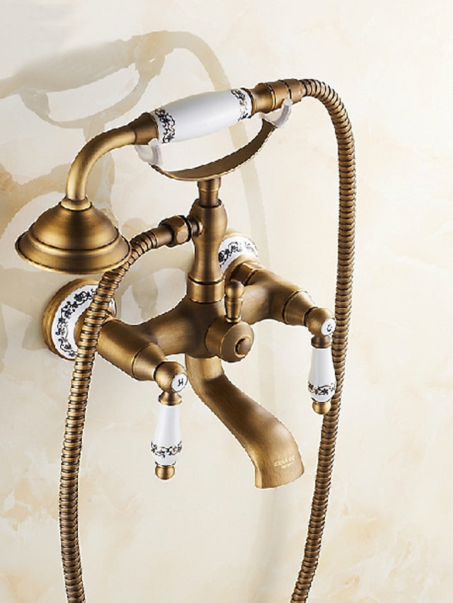 Bathroom Sink Faucet,Brass Telephone Shape Wall Installation Widespread Pull-out Country Style Electroplated Copper Finish Two Handles Bathtub Faucet with Handshower and Drain