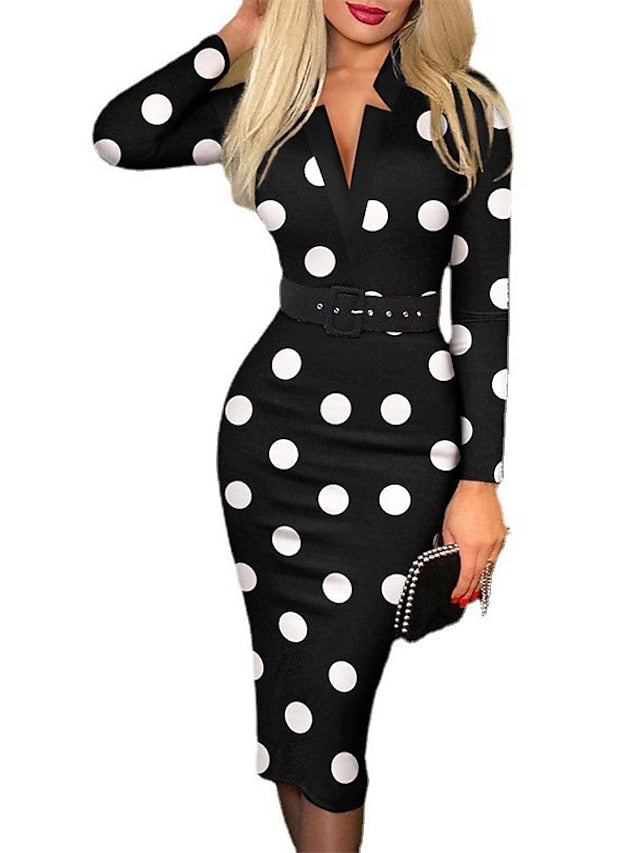 Bodycon Sheath Dress Modern Dress Midi Dress Black Khaki Beige Long Sleeve Geometric Print Spring Fall Autumn V Neck Stylish Winter Dress Fall Dress  S M L XL XXL for Women