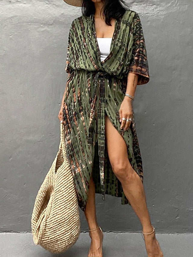 Beach Dress Beach Wear Long Dress Maxi Dress Lace up Basic Casual Tie Dye Open Front 3/4 Length Sleeve Loose Fit Outdoor Daily Black White  Summer Spring One Size for Women