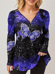 Blouse T shirt Tee Red Blue Sky Blue Butterfly Zipper Print Long Sleeve Casual Daily Ethnic Style Vintage Style Crew Neck L for Women