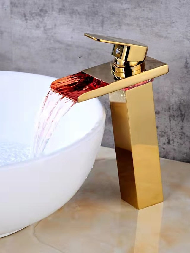 Bathroom Vessel Faucet Tall LED Waterfall Spout 3 Color Changes with Temperature, Sink Mixer Mono Basin Taps, Single Handle One Hole Brass Washroom Vessel Tap Deck Mounted