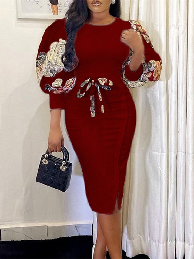 Bodycon White Dress Modern Dress Midi Dress White Yellow Red 3/4 Length Sleeve Floral Patchwork Spring Fall Autumn Crew Neck Fashion Slim  S M L XL 2XL 3XL for Women