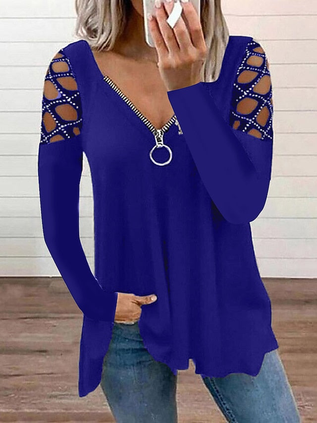 Blouse Black Pink Wine Plain Cut Out Flowing tunic Long Sleeve Casual Weekend Basic V Neck Regular S for Women