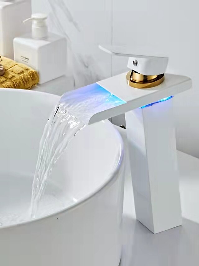 Bathroom Vessel Faucet Tall LED Waterfall Spout 3 Color Changes with Temperature, Sink Mixer Mono Basin Taps, Single Handle One Hole Brass Washroom Vessel Tap Deck Mounted