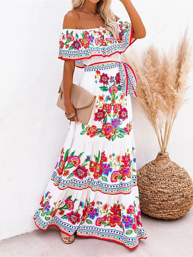 Boho Dress Beach Dress Beach Wear Long Dress Maxi Dress Ruffle Print Boho Casual Floral Off Shoulder Short Sleeve Loose Fit Outdoor Daily Black White  Spring Summer S M L XL for Women