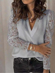 Blouse Lace Patchwork Solid / Plain Color Elegant & Luxurious V Neck Regular Spring &  Fall Black White Pink Blue Grey for Women