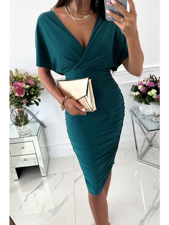 Bodycon Midi Dress Red Green Beige Short Sleeve Pure Color Patchwork Spring Summer V Neck Stylish  S M L XL XXL for Women