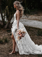 Beach Sexy Boho Wedding Dresses A-Line Sweetheart Camisole Spaghetti Strap Court Train Lace Bridal Gowns With Appliques Split Front 2023 Summer Wedding Party, Women's Clothing