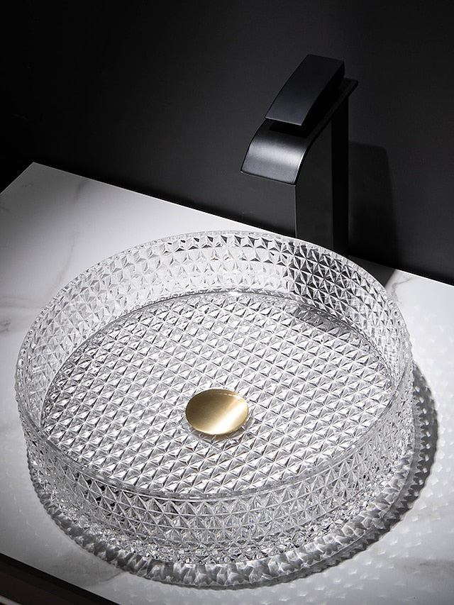 Bathroom Vessel Sink with Black Faucet, Modern Clear Tempered Glass Basin with Pop-Up Drain, Artistic Round Basin Bowl Set, Above Counter Vanity Sink