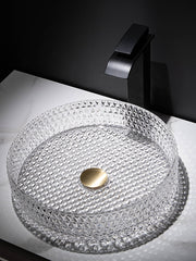 Bathroom Vessel Sink with Black Faucet, Modern Clear Tempered Glass Basin with Pop-Up Drain, Artistic Round Basin Bowl Set, Above Counter Vanity Sink