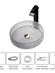 Bathroom Vessel Sink with Black Faucet, Modern Clear Tempered Glass Basin with Pop-Up Drain, Artistic Round Basin Bowl Set, Above Counter Vanity Sink