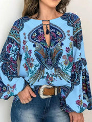 Blouse Print Flower / Floral Modern Round Neck Standard Spring, Fall, Winter, Summer Blue Pink Yellow White for Women