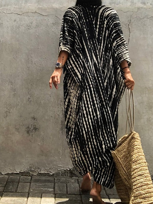 Beach Dress Beach Wear Long Dress Maxi Dress Lace up Basic Casual Tie Dye Open Front 3/4 Length Sleeve Loose Fit Outdoor Daily Black White  Summer Spring One Size for Women