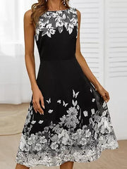 Black Floral-Print Floral Sleeveless Dresses