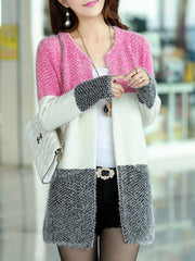 Color-block H-line Knitted Long Sleeve Cardigan