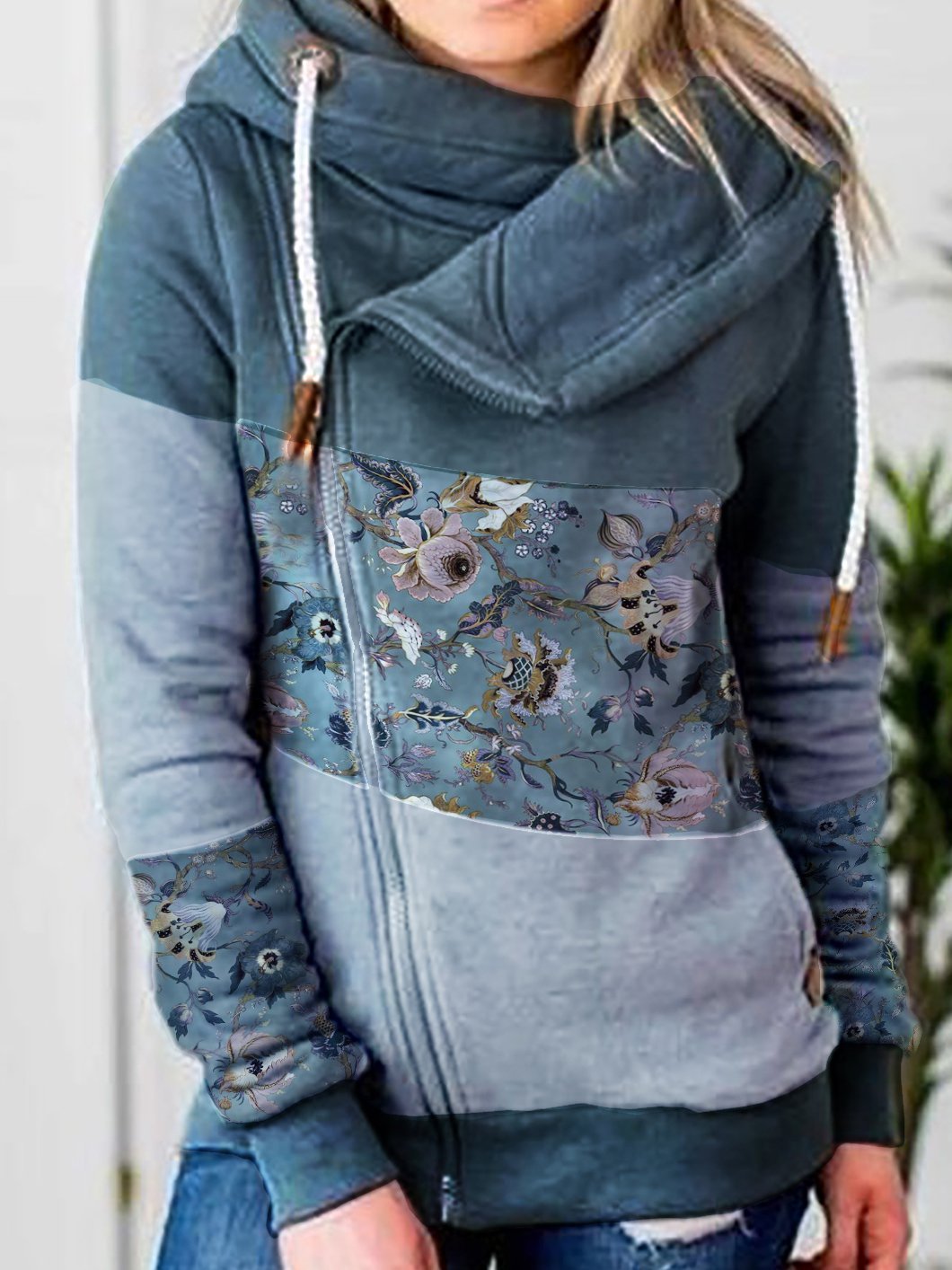 Paneled Long Sleeve Shift Floral Hoodies
