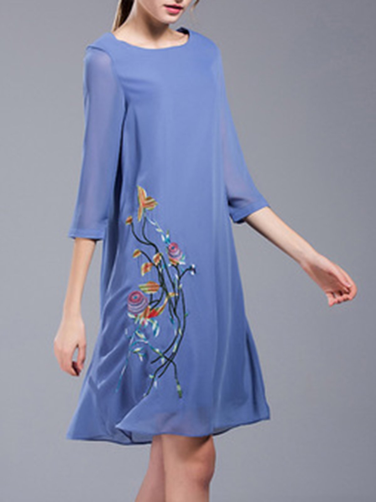 Blue Elegant Chiffon Embroidery Midi Dress