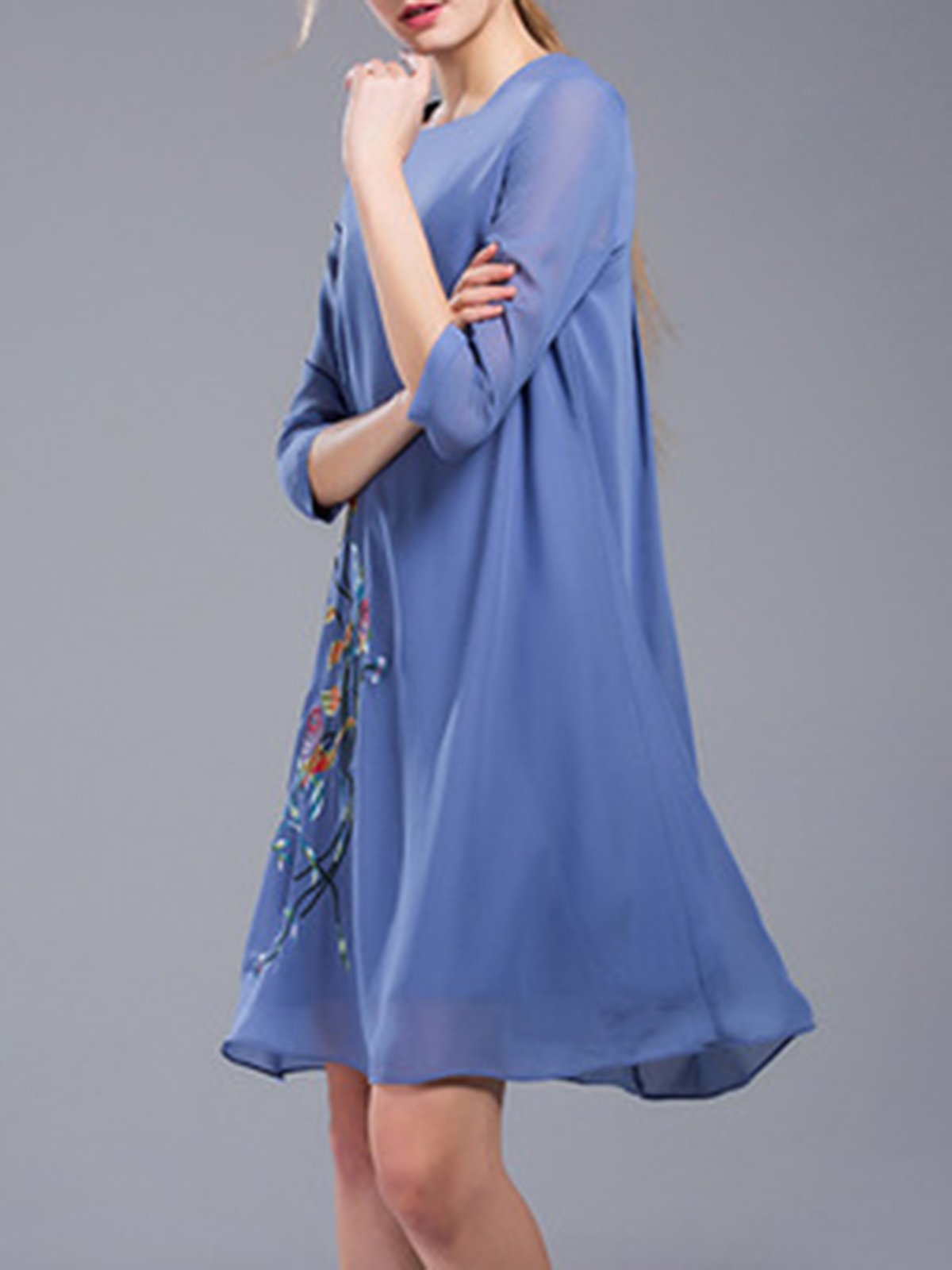 Blue Elegant Chiffon Embroidery Midi Dress