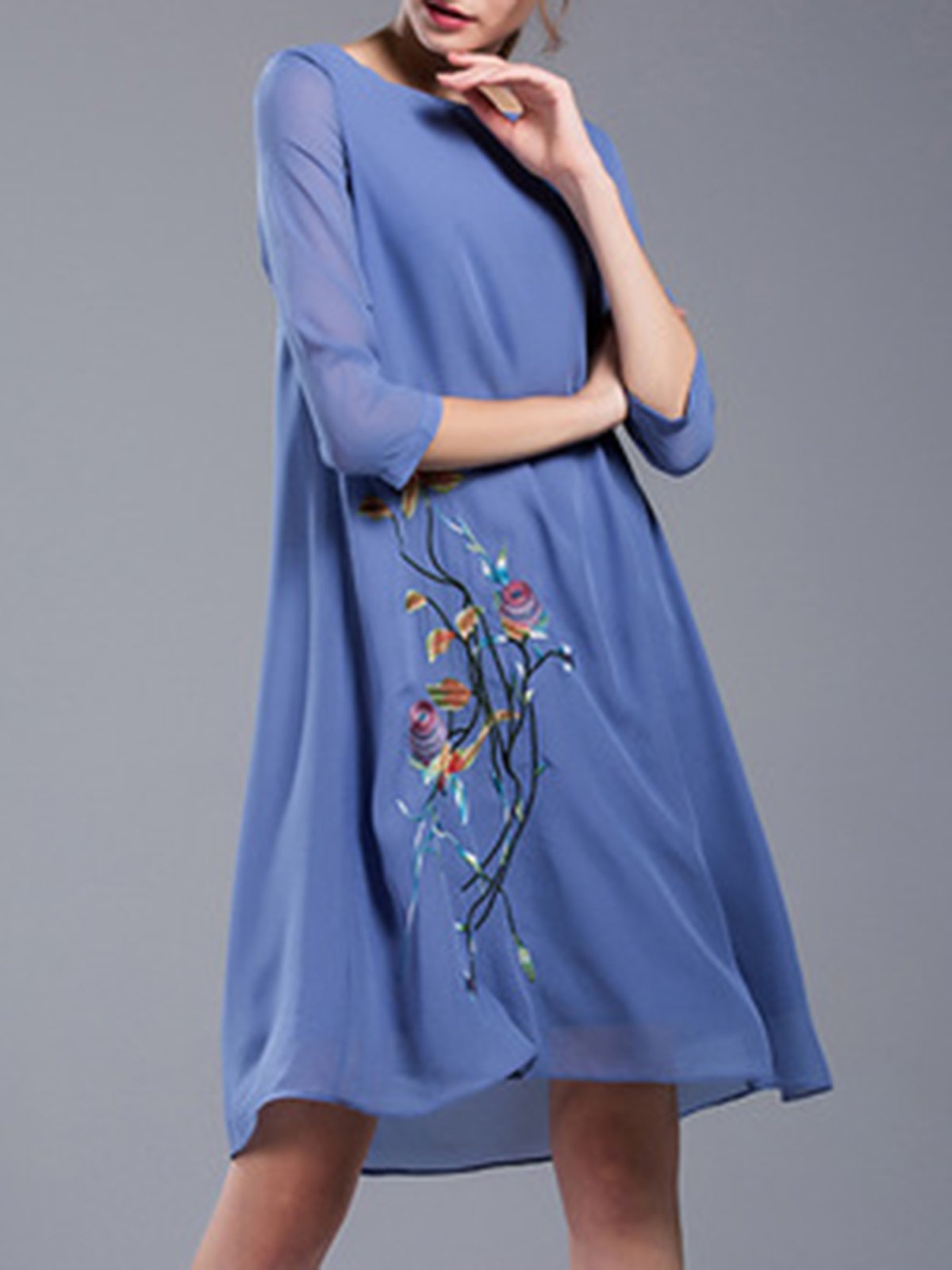 Blue Elegant Chiffon Embroidery Midi Dress