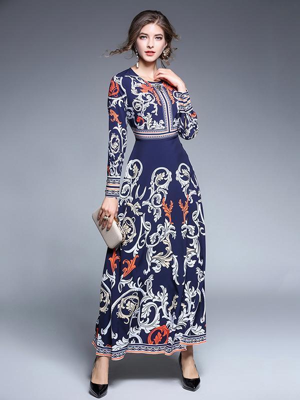 Blue Bohemia Printed Round-neck Long Sleeves Maxi Dress