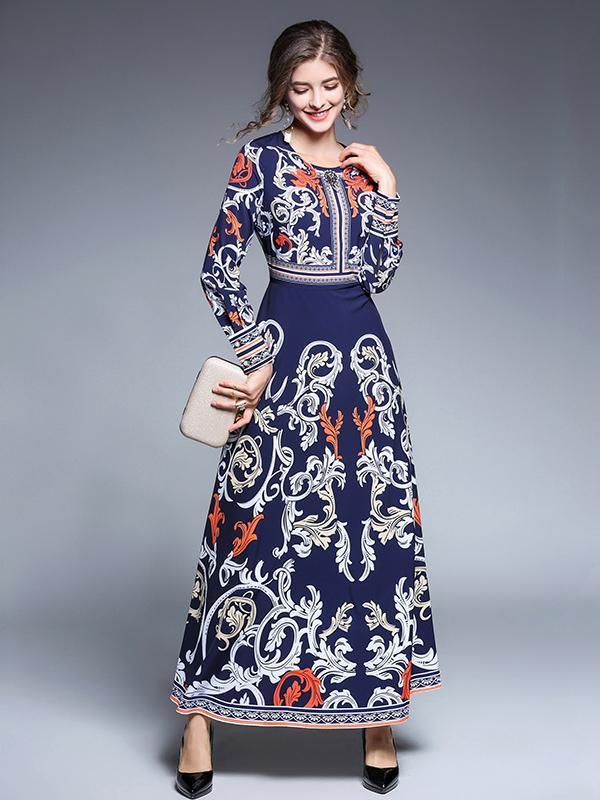 Blue Bohemia Printed Round-neck Long Sleeves Maxi Dress