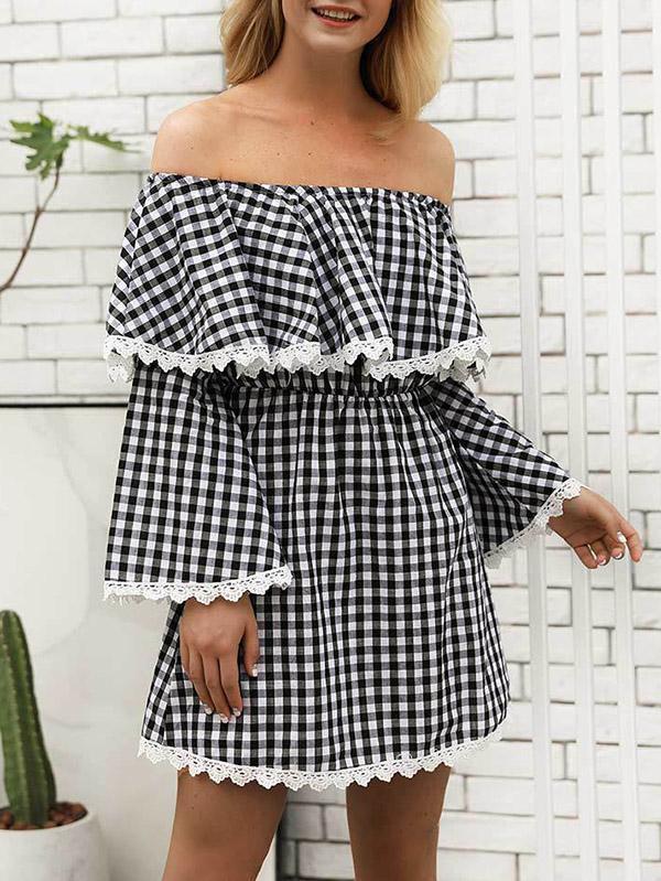 Checked Off-the-shoulder Mini Dresses