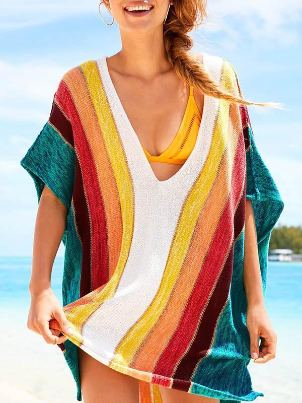 Rainbow Printed Knitting Loose Cover-up Top