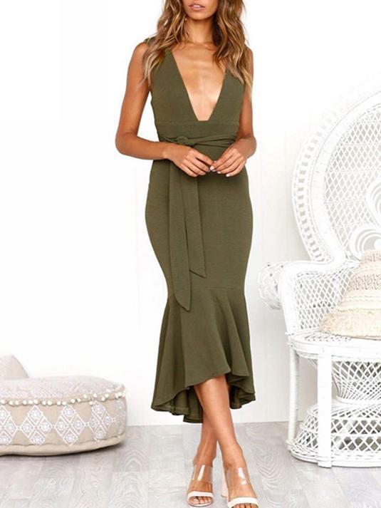 Solid Color Deep V-Neck Midi Dresses