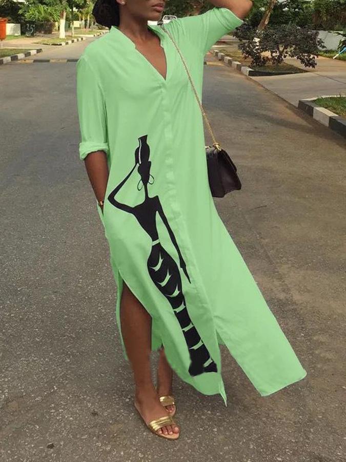 Casual Long Sleeve V Neck Dresses