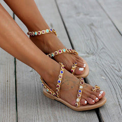 Women Boho Daily Rhinestone Summer Flat Heel Sandals