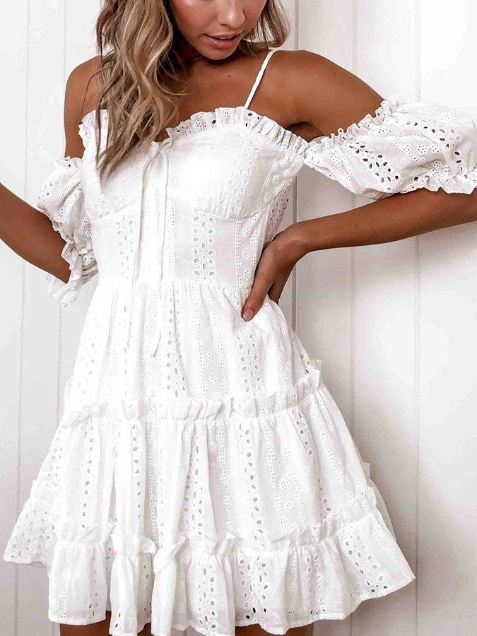 White A-Line Plain Spaghetti Sleeveless Dresses