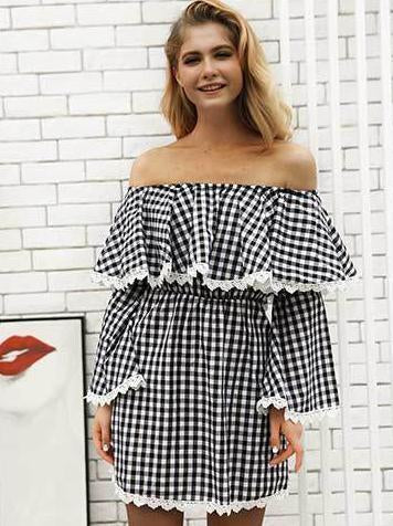 Checked Off-the-shoulder Mini Dresses