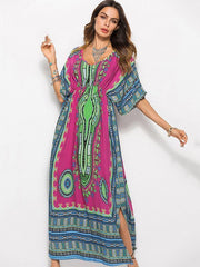 V-neck Waisted Printed Maxi Dress