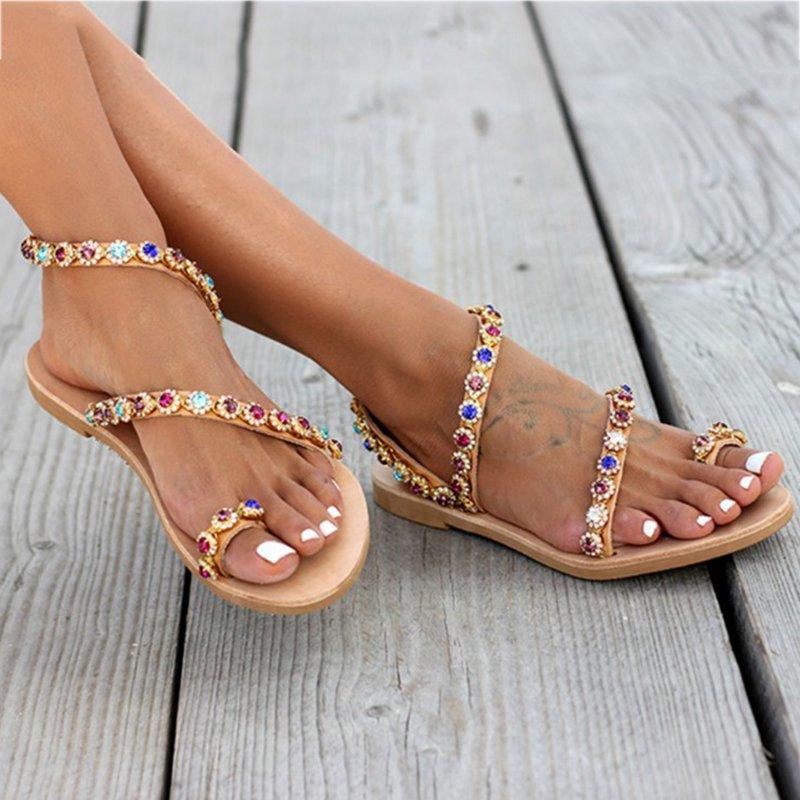 Women Boho Daily Rhinestone Summer Flat Heel Sandals