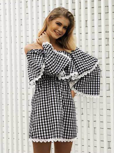 Checked Off-the-shoulder Mini Dresses