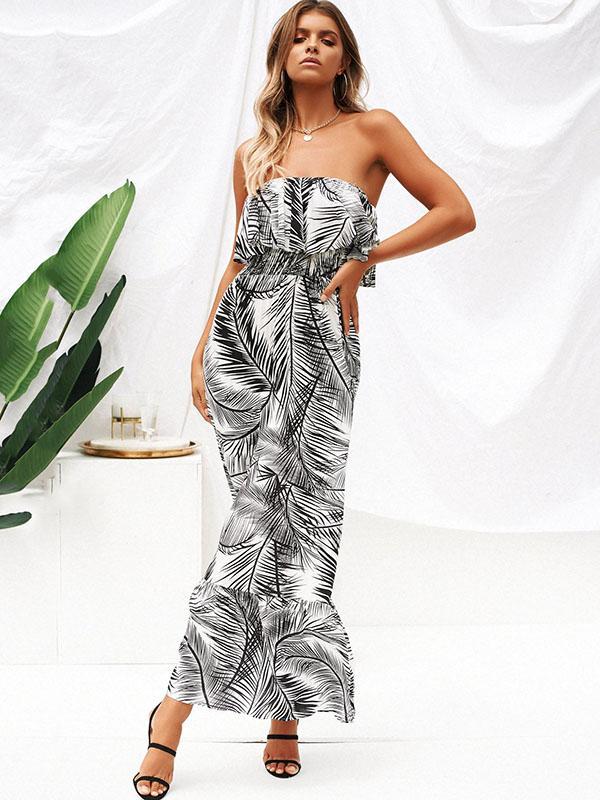 Strapless Leaves Pattern Maxi Dress