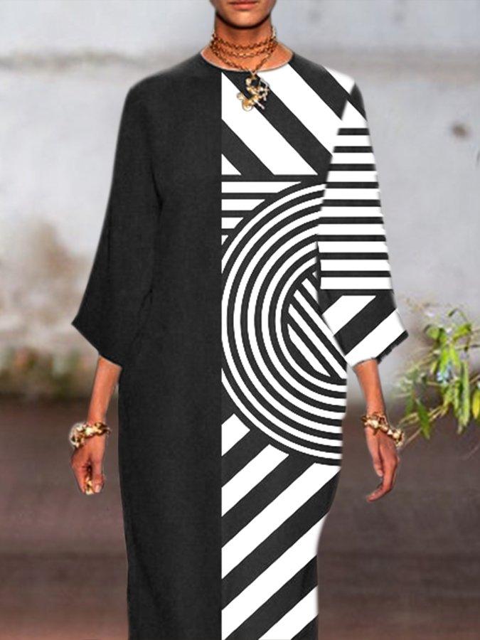 Black Shift Long Sleeve Geometric Crew Neck Dresses