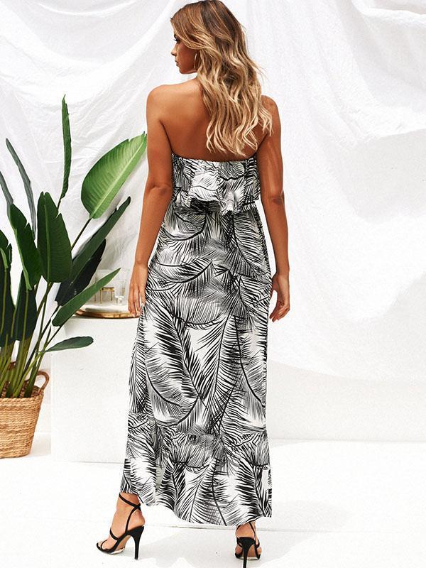 Strapless Leaves Pattern Maxi Dress