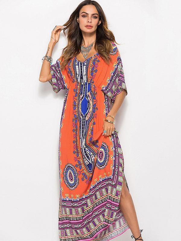 V-neck Waisted Printed Maxi Dress