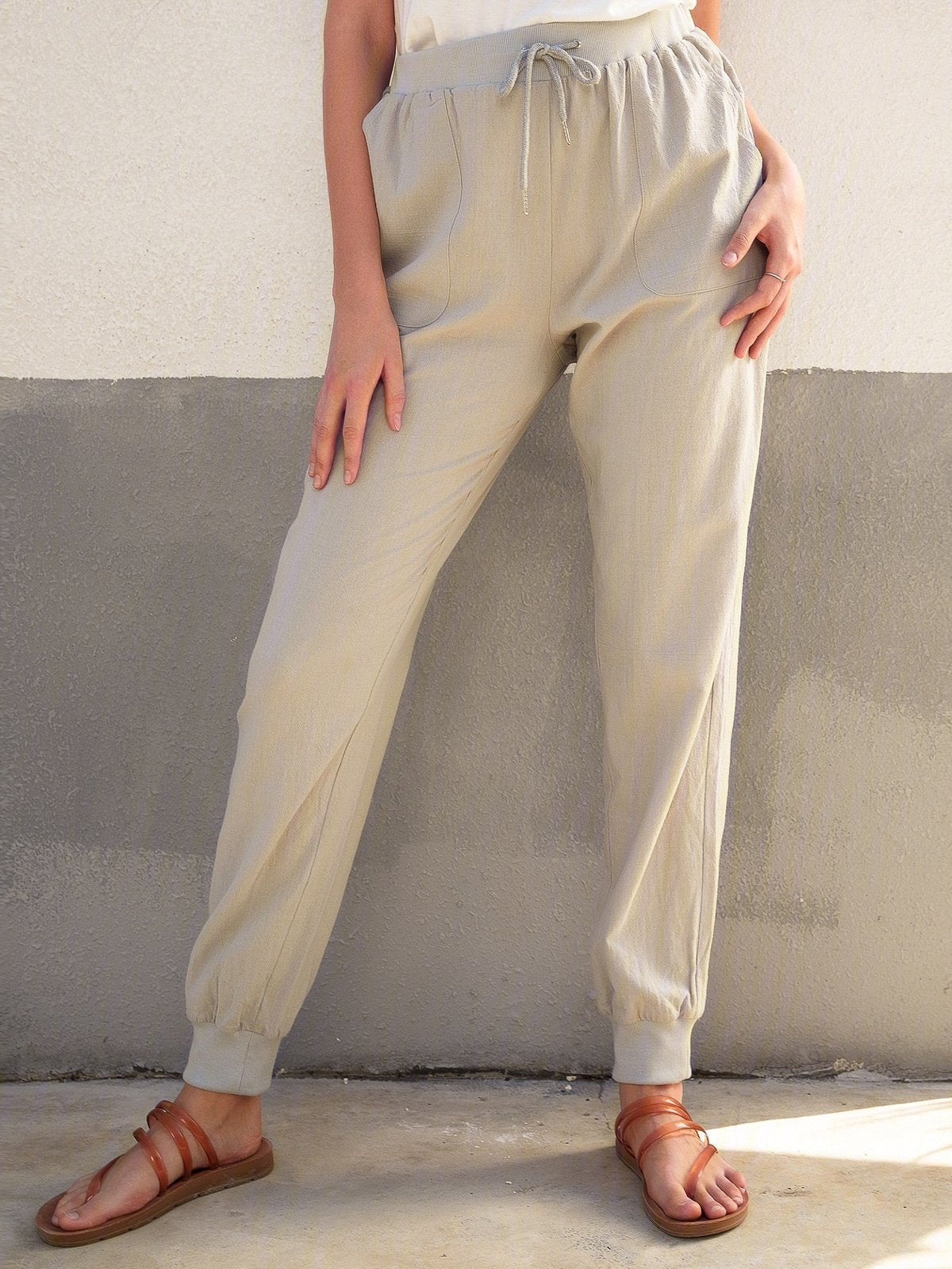 Solid Drawstring Casual Linen Pants Women Trousers