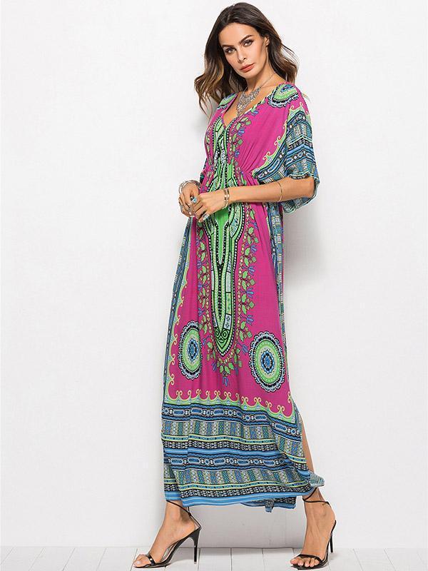 V-neck Waisted Printed Maxi Dress