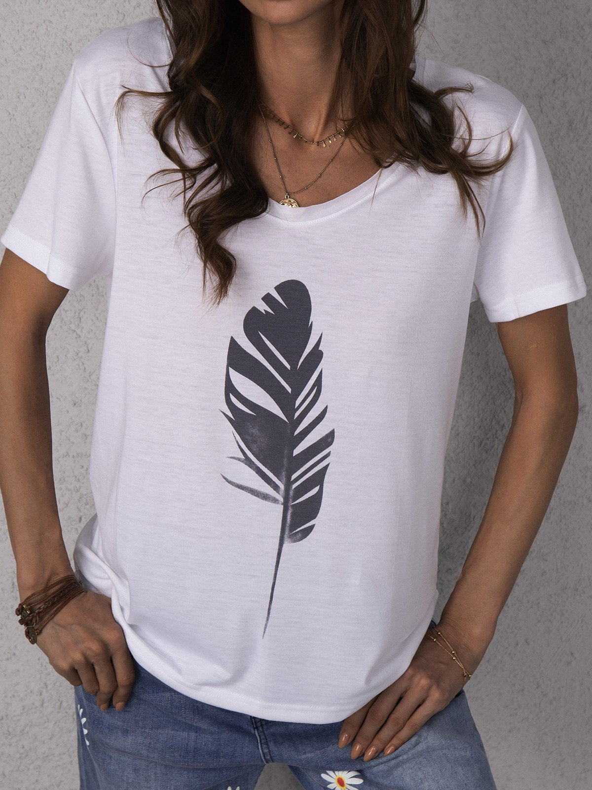 White V Neck Printed Casual Cotton-Blend Shirts & Tops