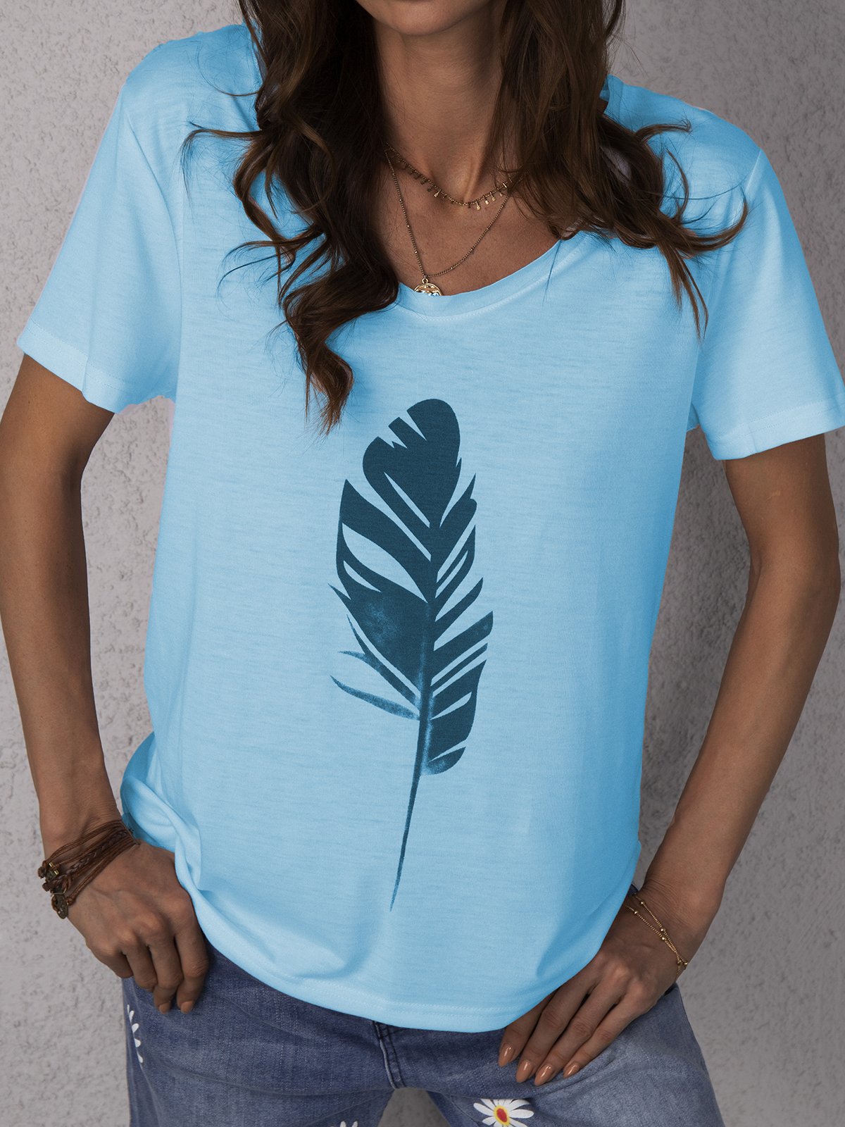 White V Neck Printed Casual Cotton-Blend Shirts & Tops T-shirts