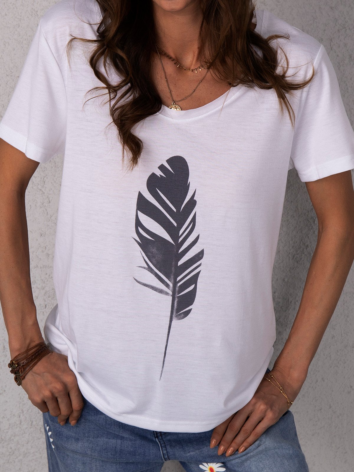 White V Neck Printed Casual Cotton-Blend Shirts & Tops